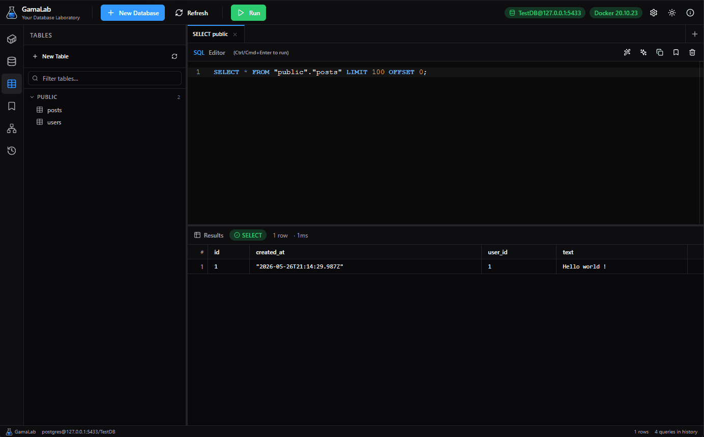 Screenshot of the GamaLab app — Postgres query editor with results grid